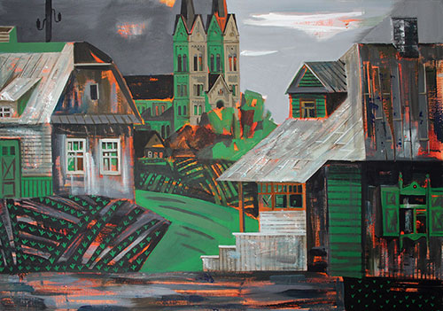 The Artist Daria Buneyeva. Picture. Painting. Composition. Small town-3. 2019, 70 x 100 cm, canvas mixed technique