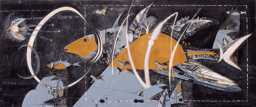 The Artist Daria Buneyeva. Picture. Painting. Composition. ICHTHYS. 2009, 60 x 150 cm, canvas mixed technique